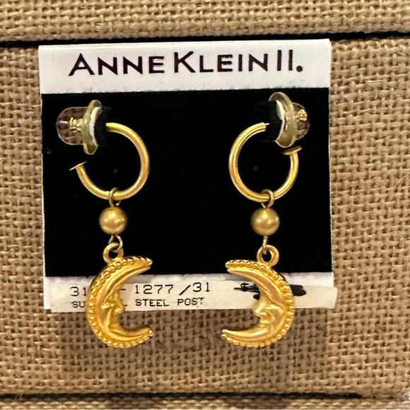 NWT Vintage Anne Klein Earrings “Old Stock” hoops w/ crescent moon face, gold - Picture 3 of 9